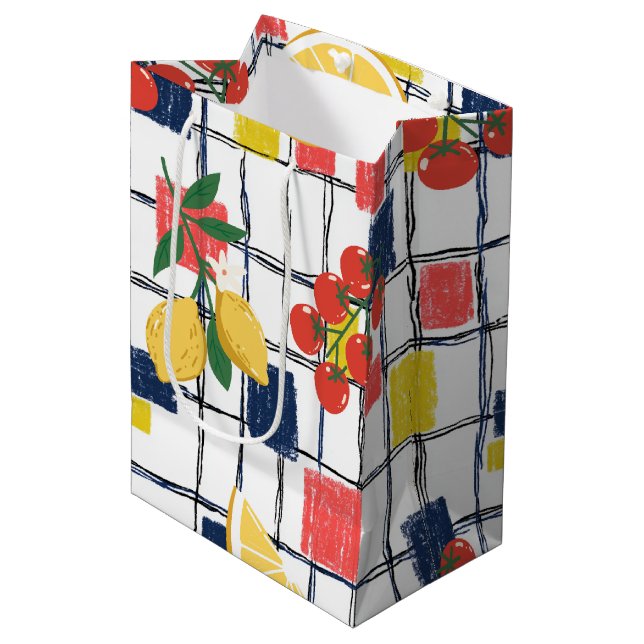 Mediterranean Lemons and Tomatoes Plaid Medium Gift Bag (Front Angled)