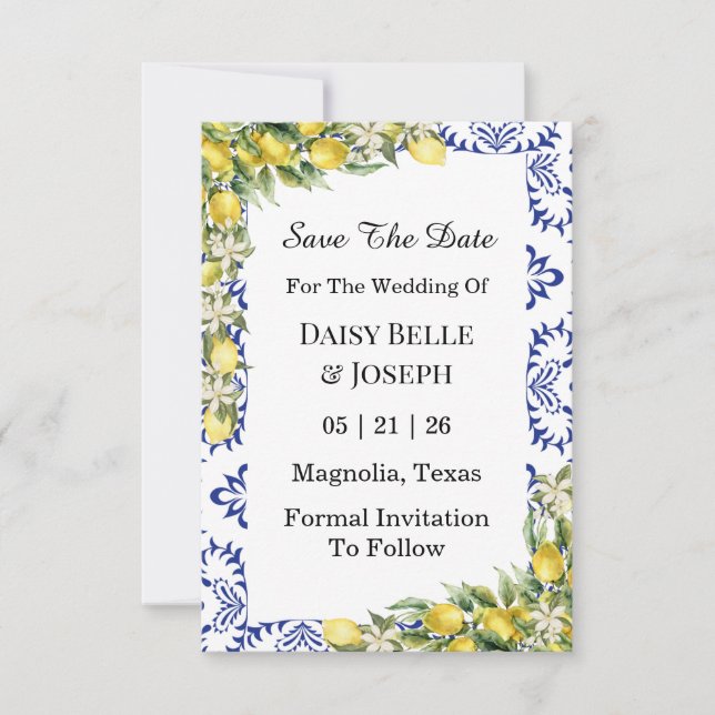 Mediterranean Lemons Blue Mosaic Tile Wedding Save The Date (Front)