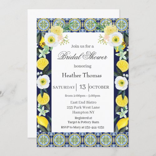 Mediterranean Lemons Blue Tile Bridal Shower Invit Invitation
