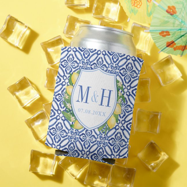 Mediterranean Lemons Blue Tile Bridal Shower Party Can Cooler