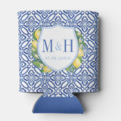 Mediterranean Lemons Blue Tile Bridal Shower Party Can Cooler (Back)