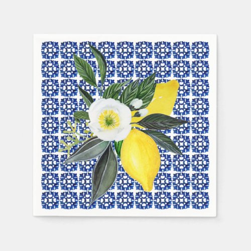 Mediterranean Lemons Blue Tile Paper Napkin