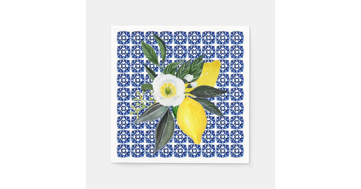 Mediterranean Lemons Blue Tile Paper Napkin | Zazzle.com