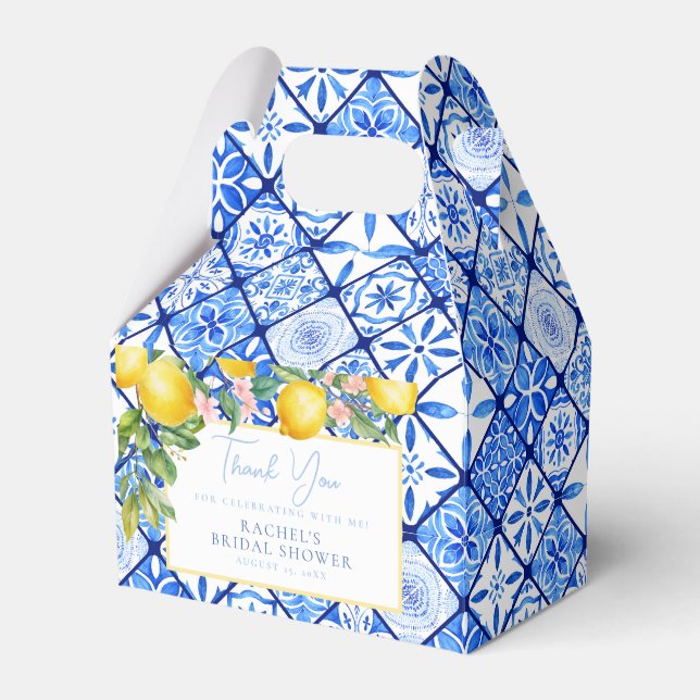 Mediterranean Lemons Blue Tiles Bridal Shower Favor Boxes (Front Side)