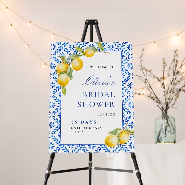 Mediterranean Lemons Blue Tiles Bridal Shower Foam Board (In Situ (Stand))