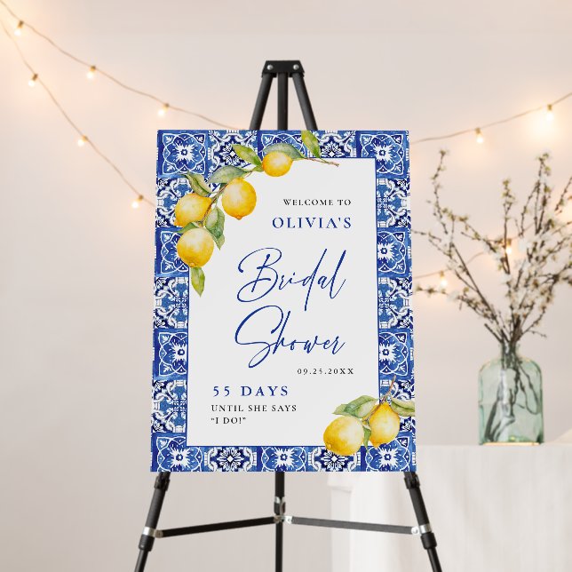Mediterranean Lemons Blue Tiles Bridal Shower Foam Board (In Situ (Stand))