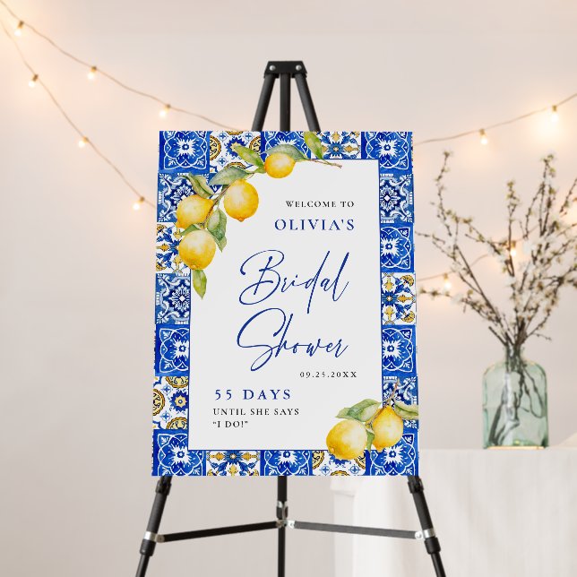 Mediterranean Lemons Blue Tiles Bridal Shower Foam Board (In Situ (Stand))