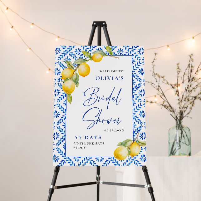 Mediterranean Lemons Blue Tiles Bridal Shower Foam Board (In Situ (Stand))