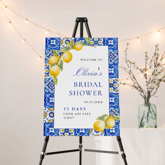 Mediterranean Lemons Blue Tiles Bridal Shower Foam Board (In Situ (Stand))