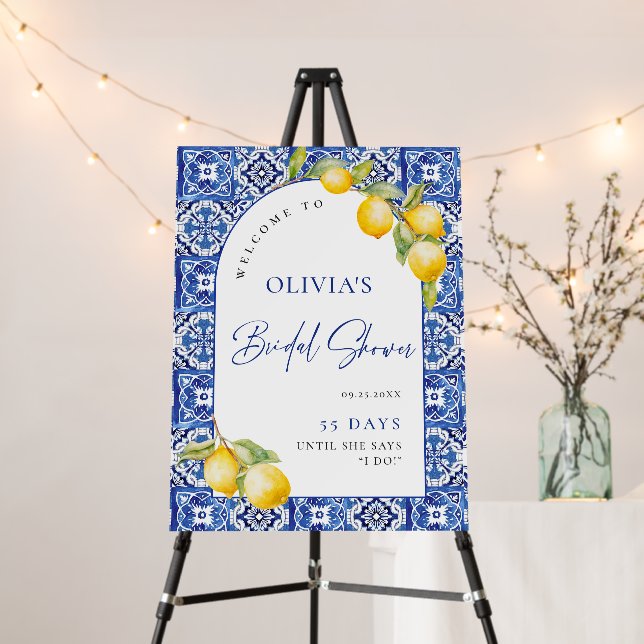 Mediterranean Lemons Blue Tiles Bridal Shower Foam Board (In Situ (Stand))
