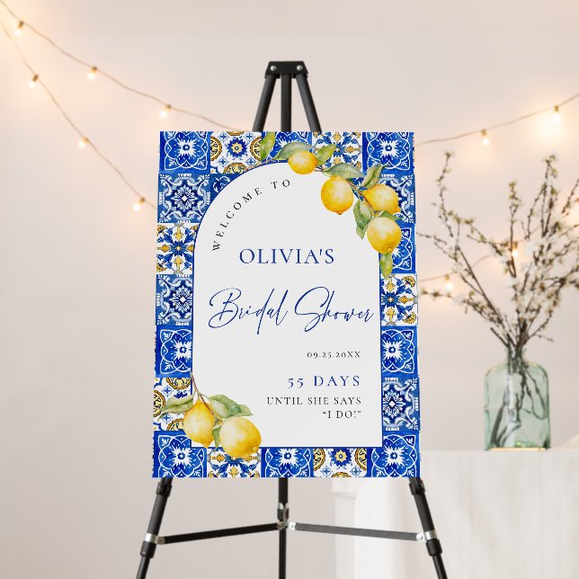 Mediterranean Lemons Blue Tiles Bridal Shower Foam Board (In Situ (Stand))