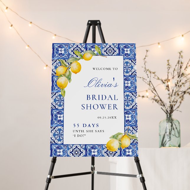 Mediterranean Lemons Blue Tiles Bridal Shower Foam Board (In Situ (Stand))