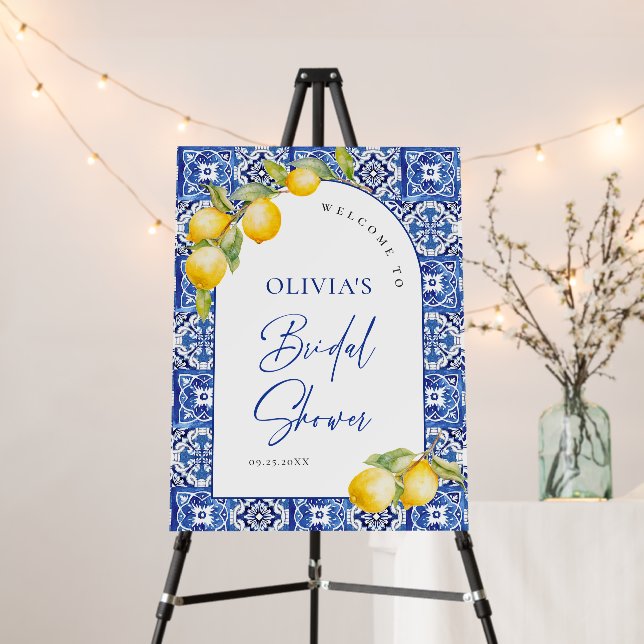 Mediterranean Lemons Blue Tiles Bridal Shower Foam Board (In Situ (Stand))