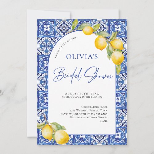 Mediterranean Lemons Blue Tiles Bridal Shower Invitation