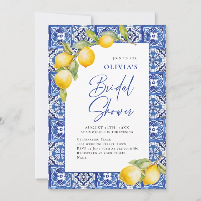 Mediterranean Lemons Blue Tiles Bridal Shower Invitation (Front)