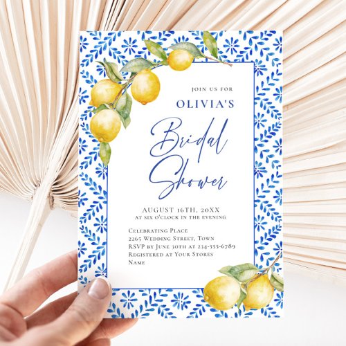 Mediterranean Lemons Blue Tiles Bridal Shower Invitation