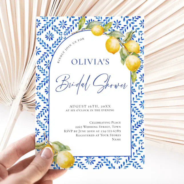 Mediterranean Lemons Blue Tiles Bridal Shower Invitation | Zazzle