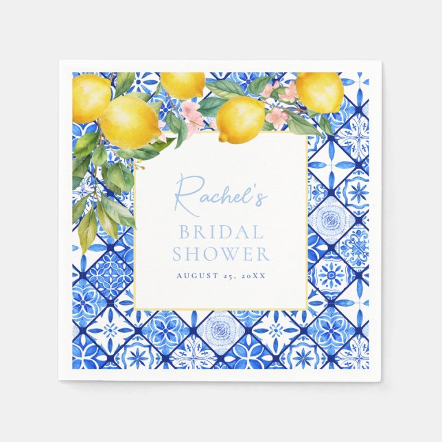 Mediterranean Lemons Blue Tiles Bridal Shower Napkins (Front)