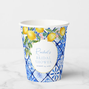 Mediterranean Lemons Blue Tiles Bridal Shower Paper Cups