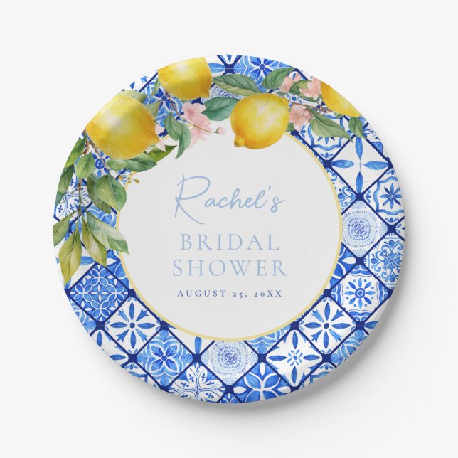 Mediterranean Lemons Blue Tiles Bridal Shower Paper Plates (Front)