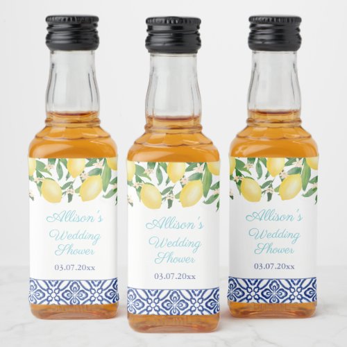 Mediterranean Lemons Blue Tiles Teal Bridal Shower Liquor Bottle Label