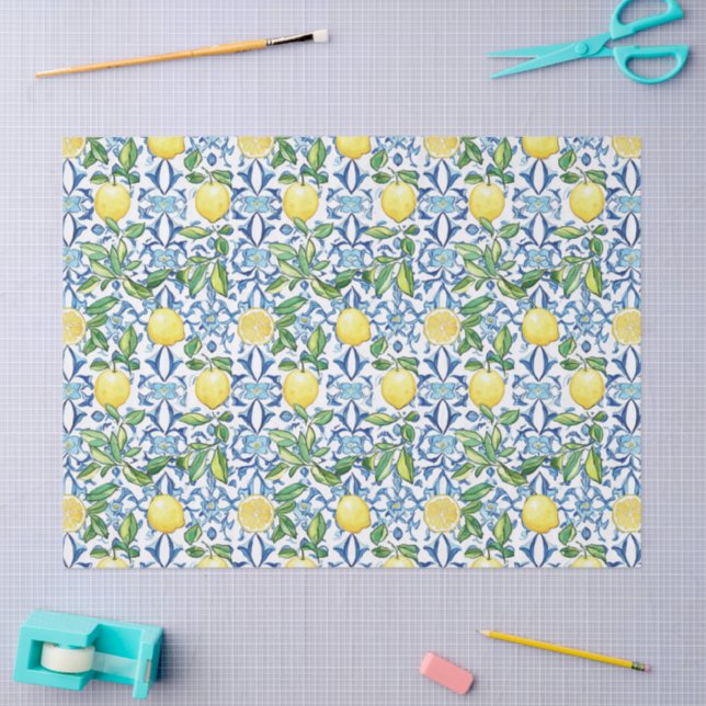 Mediterranean Lemons Blue Tiles Tissue Paper (Craft)