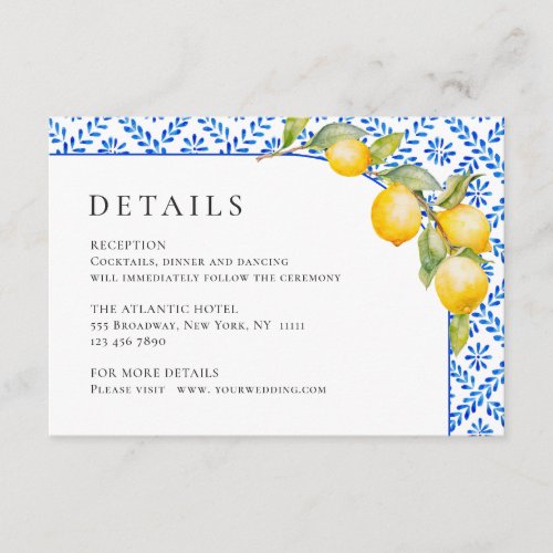 Mediterranean Lemons Blue Tiles Wedding Details Enclosure Card