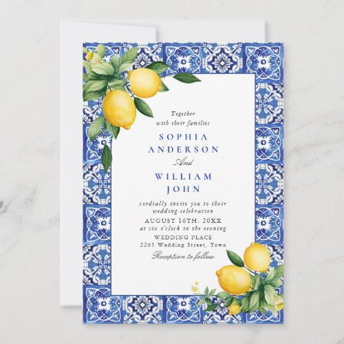 Mediterranean Lemons Blue Tiles Wedding Invitation