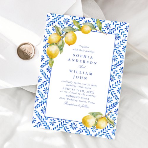 Mediterranean Lemons Blue Tiles Wedding Invitation