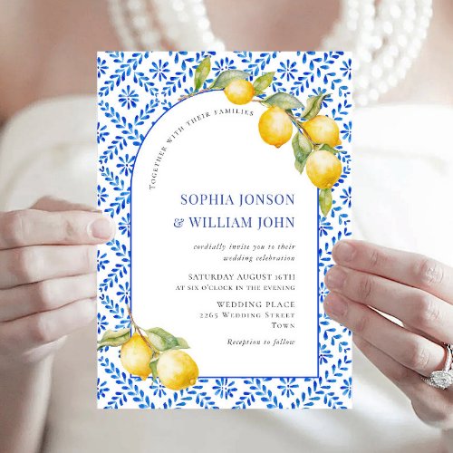 Mediterranean Lemons Blue Tiles Wedding Invitation