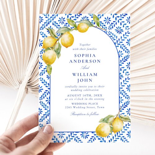 Mediterranean Lemons Blue Tiles Wedding Invitation