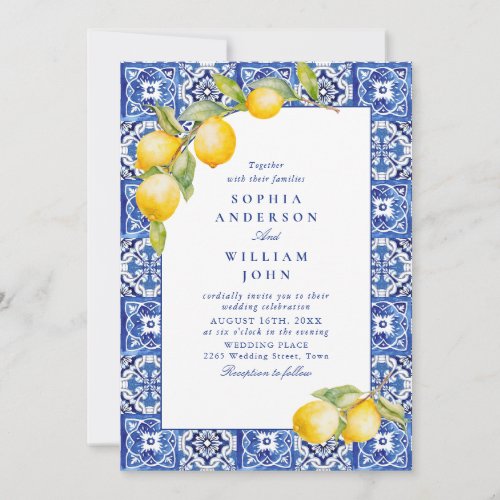 Mediterranean Lemons Blue Tiles Wedding Invitation
