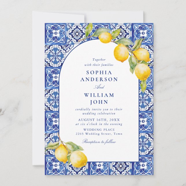 Mediterranean Lemons Blue Tiles Wedding Invitation (Front)