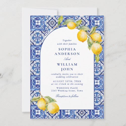 Mediterranean Lemons Blue Tiles Wedding Invitation
