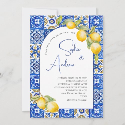 Mediterranean Lemons Blue Tiles Wedding Invitation