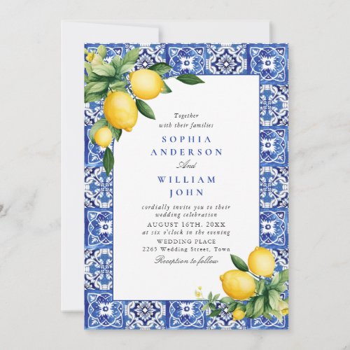 Mediterranean Lemons Blue Tiles Wedding Invitation