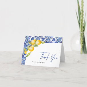 Mediterranean Lemons Blue Tiles Wedding Letterpress Thank You Card