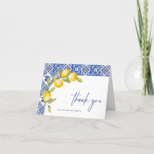 Mediterranean Lemons Blue Tiles Wedding Letterpress Thank You Card