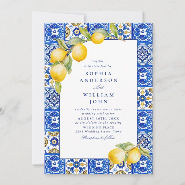 Mediterranean Lemons Blue Tiles Wedding Photo Invitation (Front)