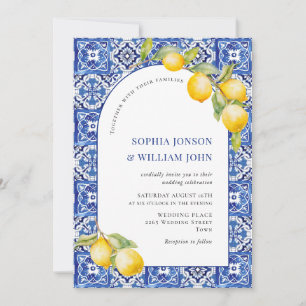 Mediterranean Lemons Blue Tiles Wedding Photo Invitation