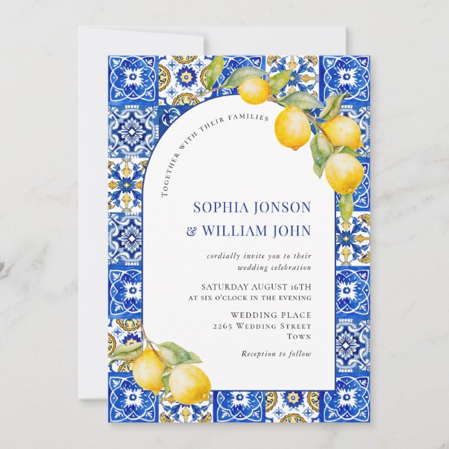 Mediterranean Lemons Blue Tiles Wedding Photo Invitation (Front)