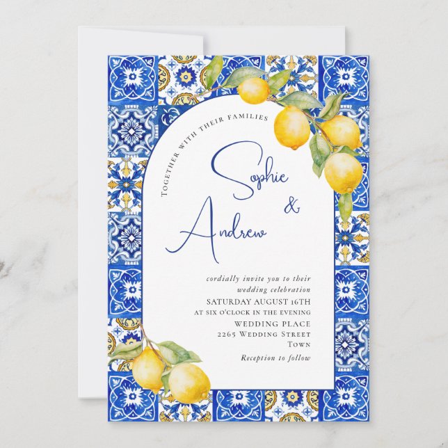 Mediterranean Lemons Blue Tiles Wedding Photo Invitation (Front)