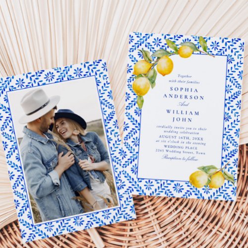 Mediterranean Lemons Blue Tiles Wedding Photo Invitation