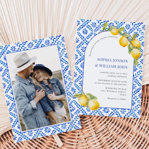 Mediterranean Lemons Blue Tiles Wedding Photo Invitation