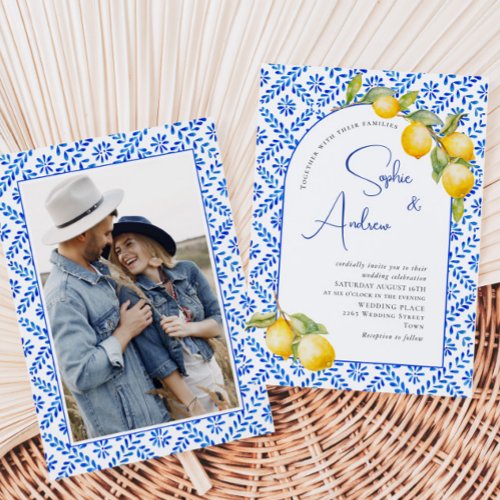 Mediterranean Lemons Blue Tiles Wedding Photo Invitation