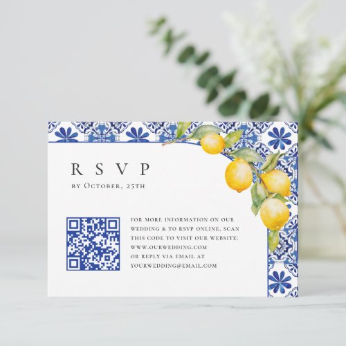 Mediterranean Lemons Blue Tiles Wedding QR code RSVP Card