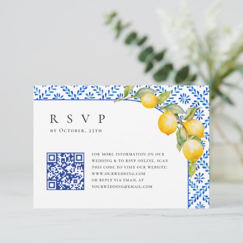 Mediterranean Lemons Blue Tiles Wedding QR code RSVP Card