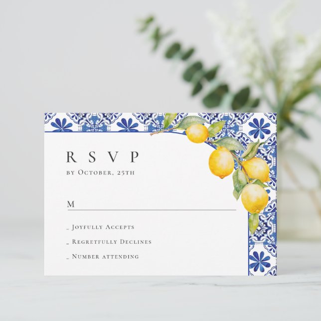 Mediterranean Lemons Blue Tiles Wedding RSVP Card (Standing Front)