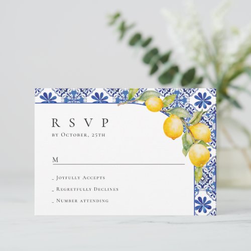Mediterranean Lemons Blue Tiles Wedding RSVP Card