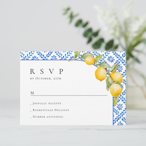 Mediterranean Lemons Blue Tiles Wedding RSVP Card